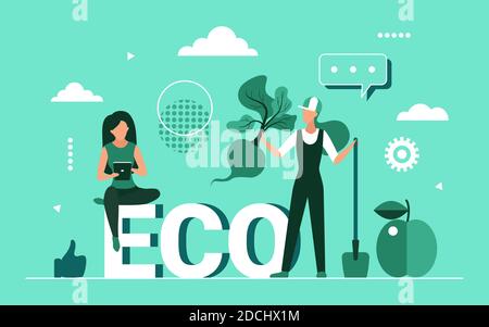 Healthy eco green food concept vector illustration. Cartoon farmer people holding vegetable, sitting on eco word. Organic natural food choice for body energy and health, vegetarian diet background Stock Vector