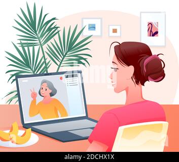 Video call, cartoon happy woman character making videocall chat conference with grandmother Stock Vector