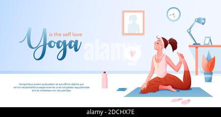 Yoga is self love concept flat vector illustration, landing page design template with cartoon happy girl character doing healthy yoga asana poses Stock Vector