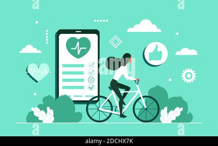 Healthy lifestyle concept vector illustration. Cartoon mobile app for cyclists on smartphone screen and girl character riding cycle, modern technology for body care, medical healthcare flat background Stock Vector