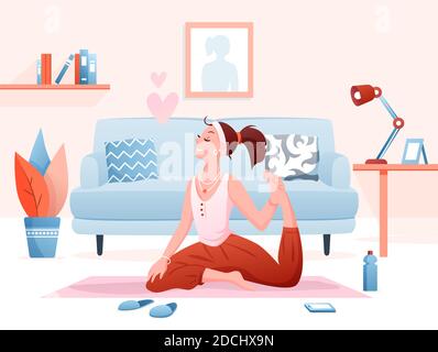 Home yoga flat vector illustration, cartoon young beautiful woman character sitting in asana yoga pose, healthy sport workout background Stock Vector