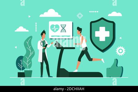 Sport fitness app vector illustration. Cartoon doctor and man runner characters using modern technology fitness tracker to get health information after sport running workout with treadmill background Stock Vector
