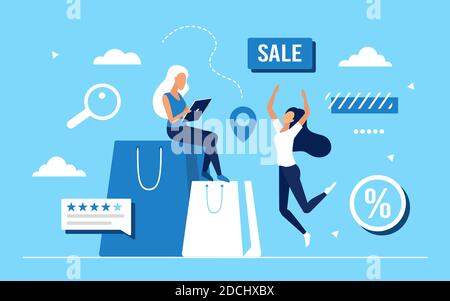 Buy on sales concept vector illustration. Cartoon female buyer characters enjoy seasonal sale at store, shop or shopping mall, tiny shopaholic girls jumping, sitting on bags with purchases background Stock Vector