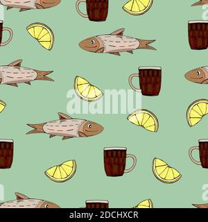 Beer with snacks. Hand drawn cartoon style illustration. Lime and fish. Glass cup. Bright colors. Mexican style beer. Stock Vector