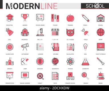 School education flat line icon vector illustration set with outline schooling ui mobile app collection of educational items for students and school subjects, editable stroke study symbols Stock Vector