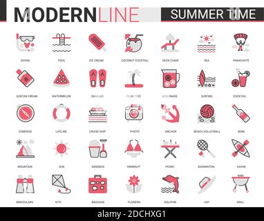 Summer time vacation red black flat line icon vector illustration set. Website outline summertime pictogram app symbols collection with travel or beach holiday items and sport activity editable stroke Stock Vector