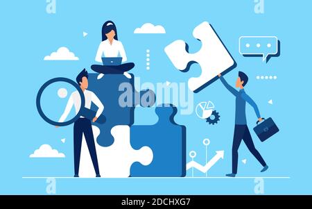 Business teamwork concept vector illustration. Cartoon businessman and businesswoman work, office workers collect puzzle jigsaw together, building partnership strategy and integration flat background Stock Vector