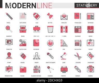 Stationery red black flat line icon vector illustration set. Linear school and business office supplies symbols collection with pen pencil scissors folder glue calculator calendar notebook book folder Stock Vector