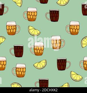 Lager set with snacks. Hand drawn cartoon style illustration. Beverage pattern. Glass cup. Bright colors. Mexican style beer. Stock Vector
