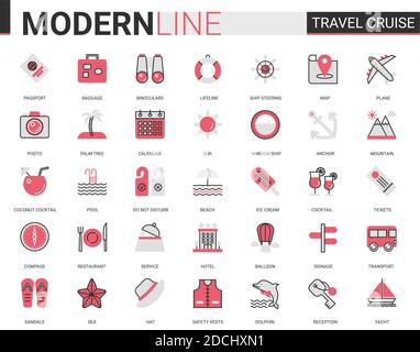 Travel cruise red black flat line icon vector illustration set. Outline tourism mobile app symbols of traveling transport, hotel service for tourists, sea summer beach party items editable stroke Stock Vector