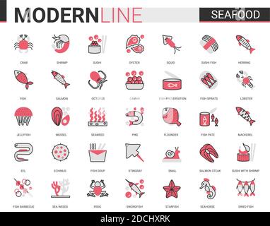 Seafood for shop cafe restaurant flat line icon vector illustration set. Outline food menu mobile app symbols collection of fish caviar, fresh salmon steak for cooking, crab octopus oyster Stock Vector