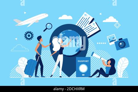 People travel around world tourism concept vector illustration. Cartoon tourist characters with suitcase, passport and plane tickets traveling, travelers enjoy worldwide trip adventure background Stock Vector