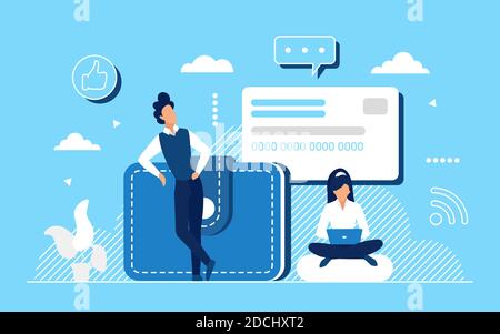 Smart wallet, bank transaction service concept vector illustration. Cartoon tiny people pay with bank credit card, cash money from wallet, modern online electronic financial payment method background Stock Vector