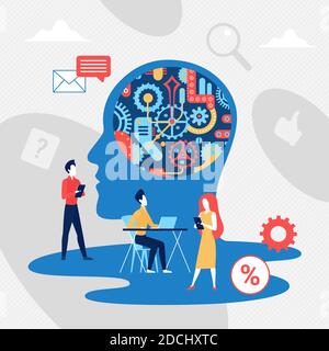 Brain gears in work progress concept vector illustration. Cartoon tiny people brainstorming, working next to abstract human head silhouette with cogwheels, brainstorm intelligence metaphor background Stock Vector