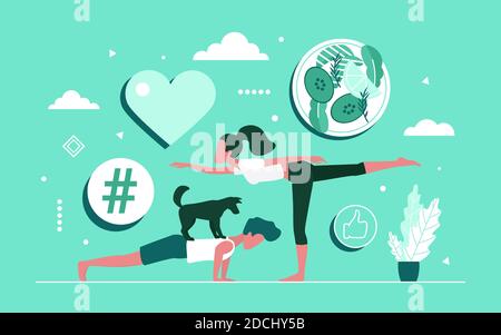 Practice yoga together concept vector illustration. Cartoon yogi people group doing yoga exercises, practicing fitness workout, sport and healthy eating diet, lifestyle for body health background Stock Vector
