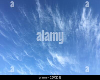 Delicate white feather clouds on the blue sky. Stock Photo