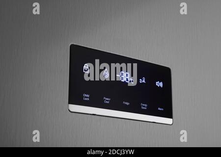 Details of the digital screen of the gray refrigerator Stock Photo