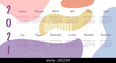 2021 calendar with abstract shapes on background. Colorful modern calendar with trending colors, monthly planner. Vector flat horizontal illustration. Stock Vector