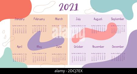 2021 calendar with abstract shapes on background. Colorful modern calendar with trending colors, monthly planner. Vector flat horizontal illustration. Stock Vector