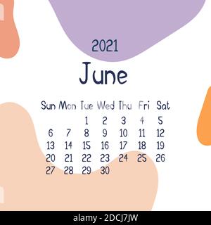 2021 june calendar with abstract shapes on background. Colorful modern calendar with trending colors, monthly planner. Vector flat illustration. Moder Stock Vector