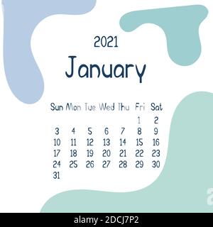 2021 january calendar with abstract shapes on background. Colorful modern calendar with trending colors, monthly planner. Vector flat illustration. Mo Stock Vector
