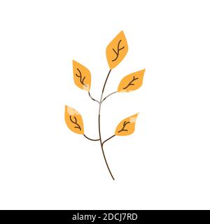 Autumn twig with yellow leaves vector flat illustration. Elegant simple branch isolated on white background Stock Vector