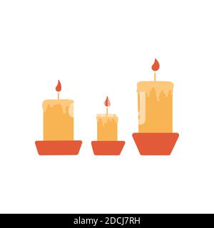 Burning candles in candlesticks. Wax or paraffin. Colorful vector isolated illustration hand drawn. Home decor element, holiday party, Christmas or ar Stock Vector