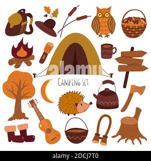 Camping icon set. Tourist equipment. Tools for rest in the forest. Isolated vector illustration in flat style Stock Vector
