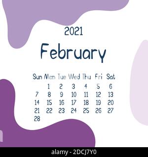 2021 february calendar with abstract shapes on background. Colorful modern calendar with trending colors, monthly planner. Vector flat illustration. M Stock Vector