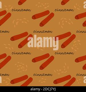 Cinnamon sticks seamless pattern on a brown background and an inscription. Spice vintage pattern for packaging, fabric or paper. Vector illustration h Stock Vector