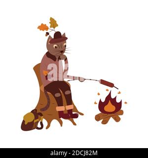 Funny cat sits on a stump and fries a sausage over the fire. Hat with oak leaves, backpack. Colorful isolated vector illustration in cartoon style. Ch Stock Vector