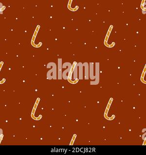 Christmas seamless pattern with cane shaped gingerbread cookies and snow on a brown background. Merry Christmas and Happy New Year. Wrapping paper, fa Stock Vector