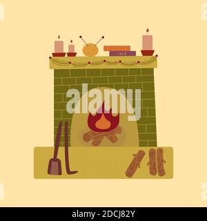 Cozy fireplace with burning candles, stack of books, yarn and knitting needles. Wood is lying near the fireplace, shovel and fireplace poker. Garland Stock Vector