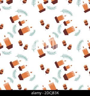 Christmas seamless pattern with fir branches, burning wax candles and pine cones on a white background. Merry Christmas and Happy New Year. Wrapping p Stock Vector