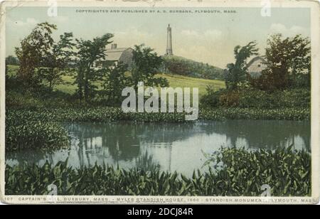 Captain's Hill, Duxbury, Mass., - Myles Standish House, 1666 - Standish Monument, Plymouth, Mass., still image, Postcards, 1898 - 1931 Stock Photo