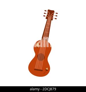 Acoustic guitar. Small wooden ukulele. Acorn and leaf print. Trendy colorful vector isolated illustration in cartoon style. Musical instrument Stock Vector