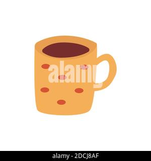 Cute yellow cup of tea or coffee. Red polka dots. Colorful cartoon vector isolated illustration on white background Stock Vector