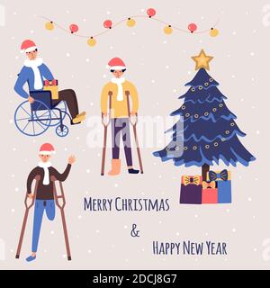 Disabled people are celebrating Christmas and New Year and smile happily. Guy in a wheelchair, guy with an amputated leg, guy in a cast on crutches. C Stock Vector