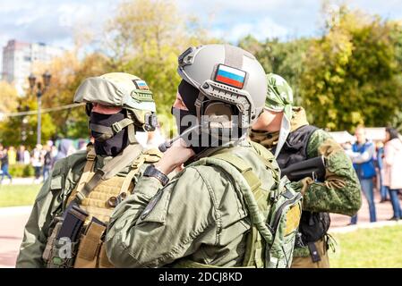Samara, Russia - September 11, 2016: Unidentified Special Forces soldiers in protective helmets in camouflage military uniform Stock Photo