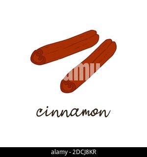 Cinnamon sticks spice. Isolated food vector illustration hand drawn with the inscription Stock Vector