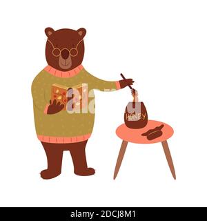 Cute bear in a soft sweater with glasses with a book. A jar of honey on the table. Isolated vector illustration. Wild animal Stock Vector