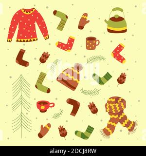 Cozy winter set. Warm sweater, scarf, socks, hat with pompom, mittens, fir branches, pine cones, Christmas tree, snowflakes, kettle, cup of tea, mug o Stock Vector