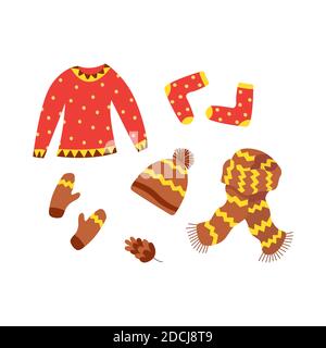 Cozy winter clothes set. Warm sweater, scarf, socks, hat with pompom, mittens, pine cone. Warm garment for winter time. Flat vector illustration clipa Stock Vector