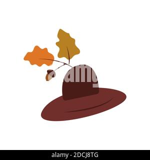 Hat with brim, autumn leaves and acorn. Headwear for protective. For a walk in the woods. Foresters hat. Colorful vector illustration on a white backg Stock Vector