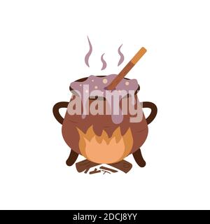 Potion is brewed in a cauldron on the fire. Illustration happy halloween concept cartoon vector Stock Vector