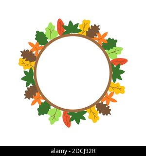 Round frame made of autumn leaves with a place for an inscription in the center. Autumn composition of botanical elements isolated on white background Stock Vector