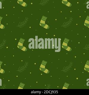Seamless pattern warm cozy socks. Spruce branches, falling snow. Christmas pattern, winter packaging. Green background. Vector illustration in flat st Stock Vector