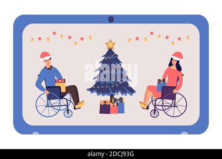 A man and a woman in wheelchairs are celebrating Christmas and New Year online. Congratulations on video communication via laptop. Christmas tree with Stock Vector