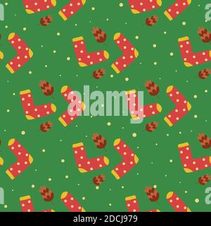 Seamless pattern warm cozy socks. Pine cones, falling snow. Christmas pattern, winter packaging. Green background. Vector illustration in flat style Stock Vector