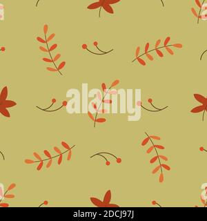 Seamless pattern with autumn leaves, twigs and rowan. Background. Wrapping paper or fabric. Colorful vector illustration Stock Vector